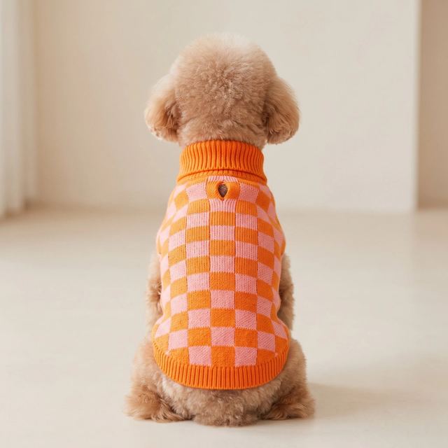 JIANCHI Orange White Checkered Knit Dog Sweater Cozy Pet Apparel Custom Size Color Small MOQ Knitwear Direct Factory CW26016