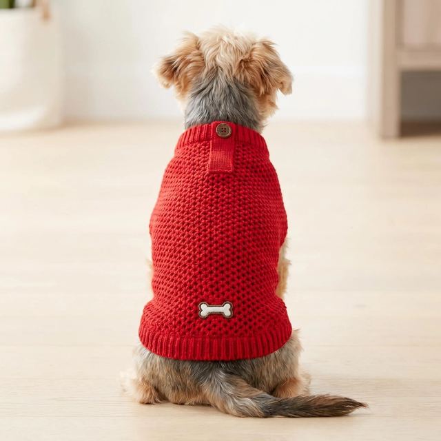 JIANCHI Plain Red Bone Patch Knit Dog Sweater Cozy Pet Apparel Custom Size Color Small MOQ Knitwear Direct Factory CW26025