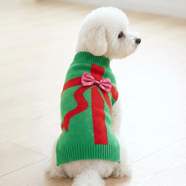 JIANCHI Green Christmas Gift Bow Dog Sweater for Small Dogs Winter Warm Custom Logo OEM ODM Pet Clothes Manufacturer CW26032