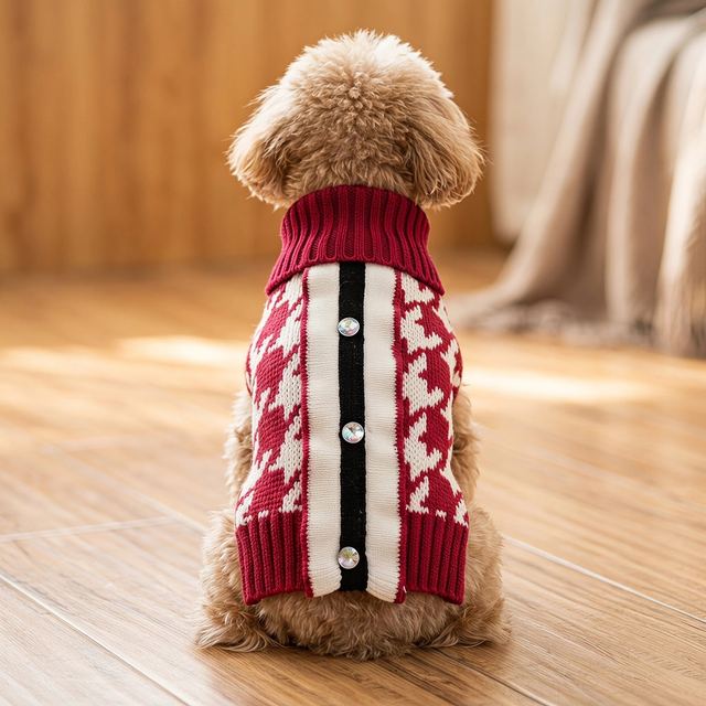 JIANCHI Red Houndstooth Button Front Dog Sweater for Small Dogs Winter Warm Custom Logo OEM ODM Pet Clothes Manufacturer CW26033