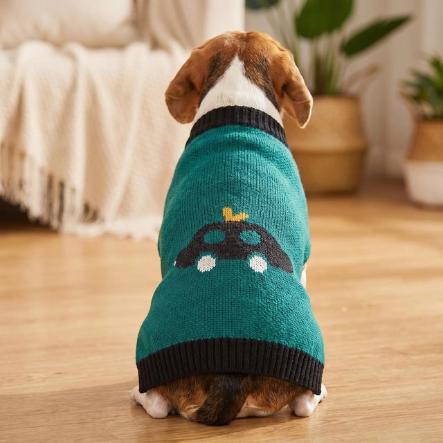 JIANCHI Dark Green Car Graphic Knit Dog Sweater Cozy Pet Apparel Custom Size Color Small MOQ Knitwear Direct Factory CW26034