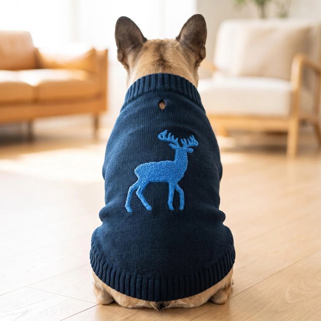 JIANCHI Navy Blue Deer Embroidered Dog Sweater for Small Dogs Winter Warm Custom Logo OEM ODM Pet Clothes Manufacturer CW26042