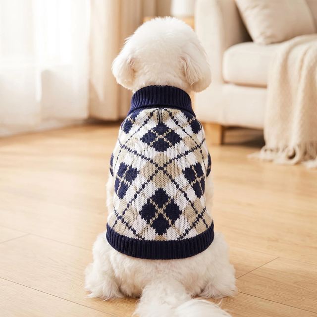 JIANCHI Cream Navy Argyle Knit Dog Sweater for Small Dogs Winter Warm Custom Logo OEM ODM Pet Clothes Manufacturer CW26045
