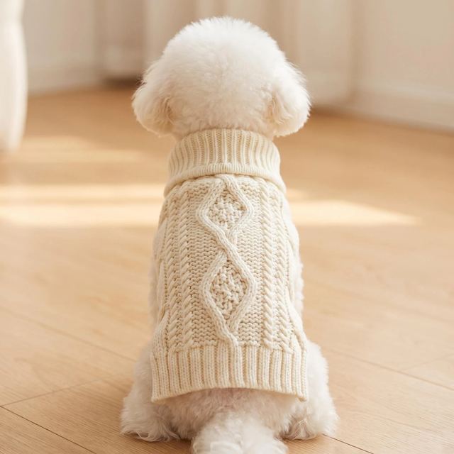 JIANCHI Cream Turtleneck Cable Knit Dog Sweater for Small Dogs Winter Warm Custom Logo OEM ODM Pet Clothes Manufacturer CW26050