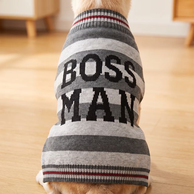 JIANCHI Grey Stripe Boss Man Dog Sweater Cozy Pet Apparel Custom Size Color Small MOQ Knitwear Direct Factory CW26070