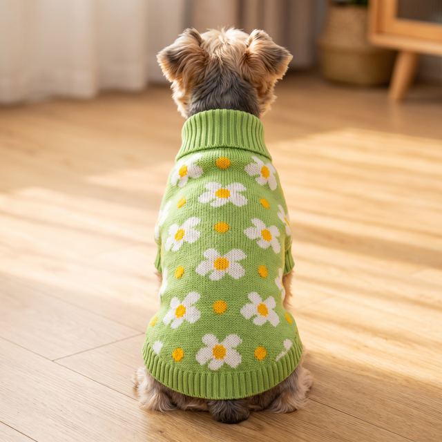 JIANCHI Green White Daisy Flower Dog Sweater Cozy Pet Apparel Custom Size Color Small MOQ Knitwear Direct Factory CW26073