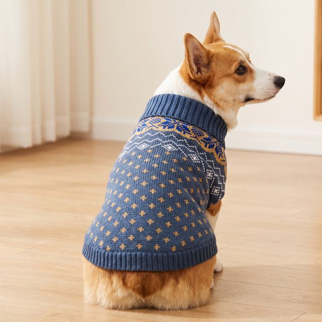 JIANCHI Blue Gold Fair Isle Knit Dog Sweater for Small Dogs Winter Warm Custom Logo OEM ODM Pet Clothes Manufacturer CW26075