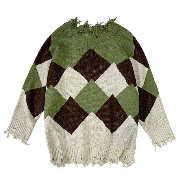 JIANCHI Distressed Argyle Oversized Knit Sweater for Women Winter Warm Casual Wear Custom Logo OEM ODM Manufacturer LK22034