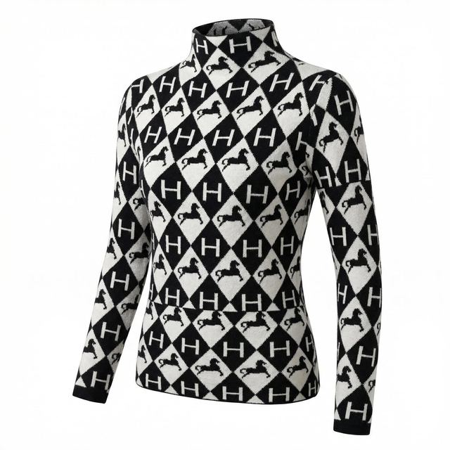 JIANCHI Argyle Jacquard Mock Neck Knit Sweater Women Fashion Loose Fit Private Label Custom Color Small MOQ Factory LK22050