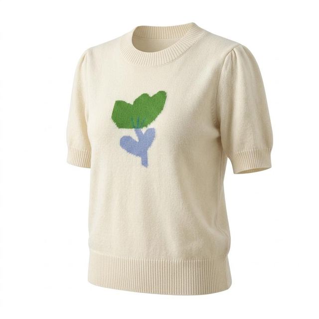 JIANCHI Cream Floral Intarsia Puff Short Sleeve Crew Neck Sweater Ladies New Design Knitwear Custom Size Logo Service Direct Factory LK23005