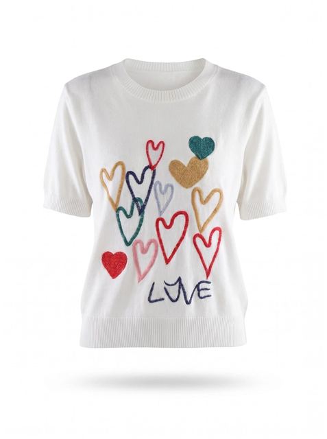 JIANCHI White Heart Embroidered Crew Neck Short Sleeve Knit Sweater for Women Winter Warm Casual Wear Custom Logo OEM ODM Manufacturer LK23006