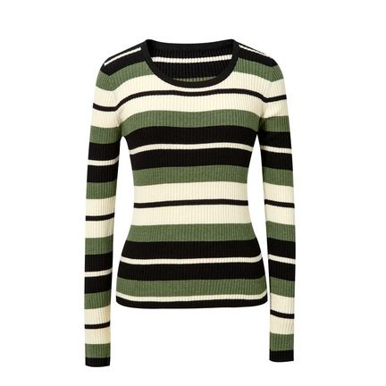 JIANCHI Green Black Striped Ribbed Crew Neck Slim Fit Long Sleeve Top Women Fashion Loose Fit Private Label Custom Color Small MOQ LK23013