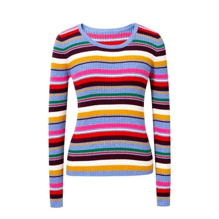 JIANCHI Multicolor Stripe Ribbed Crew Neck Slim Fit Long Sleeve Knit Top Ladies New Design Knitwear Custom Size Logo Service Direct LK23014