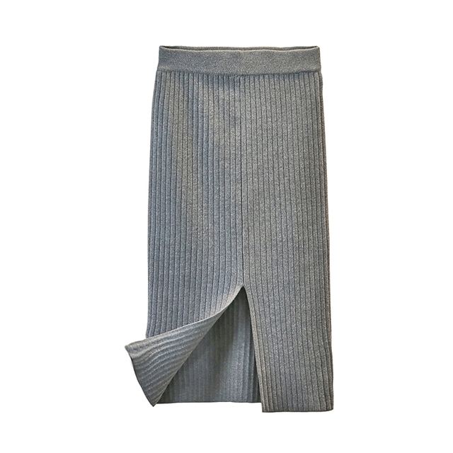 JIANCHI Gray Ribbed High Waist Split Front Knit Midi Skirt Ladies New Design Knitwear Custom Size Logo Service Direct Factory LK23017