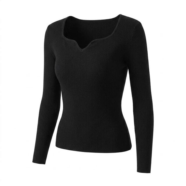 JIANCHI Black Ribbed V Neck Slim Fit Long Sleeve Knit Top for Women Winter Warm Casual Wear Custom Logo OEM ODM Manufacturer LK23018