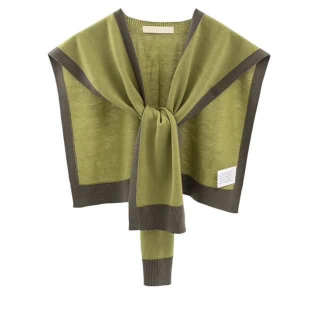 JIANCHI Olive Green Contrast Trim Tie Front Knit Shawl Wrap for Women Winter Warm Casual Wear Custom Logo OEM ODM Manufacturer LK23024