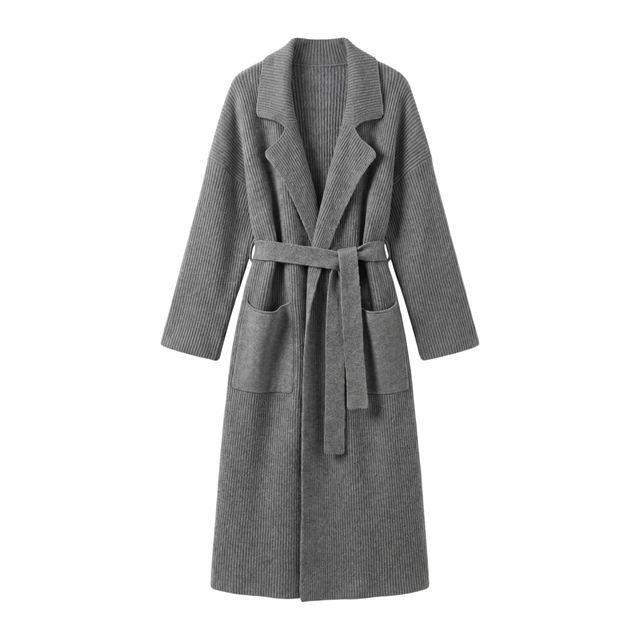 JIANCHI Gray Ribbed Longline Knit Cardigan with Belt and Lapel Collar for Women Winter Warm Casual Wear Custom Logo OEM ODM Manufacturer LK23036