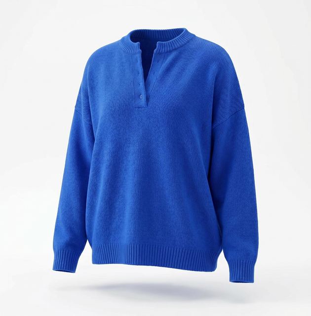 JIANCHI Royal Blue Henley Neck Loose Pullover Sweater for Women Winter Warm Casual Wear Custom Logo OEM ODM Manufacturer LK23042