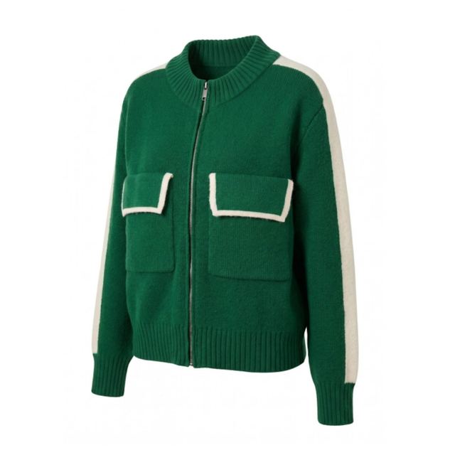 JIANCHI Green Zip Up Knit Cardigan with Contrast Trim Pockets Women Fashion Loose Fit Private Label Custom Color Small MOQ Factory LK23043