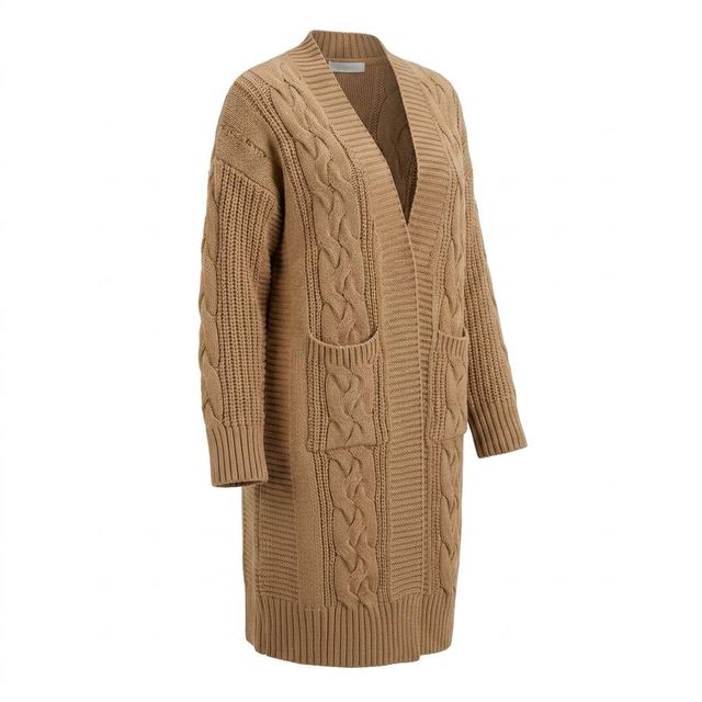 JIANCHI Camel Cable Knit Longline Open Front Cardigan with Pockets for Women Winter Warm Casual Wear Custom Logo OEM ODM Manufacturer LK23045