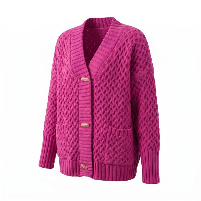 JIANCHI Fuchsia Cable Knit V Neck Cardigan with Horn Buttons Women Fashion Loose Fit Private Label Custom Color Small MOQ Factory LK23046