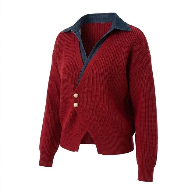 JIANCHI Burgundy Ribbed Knit Contrast Denim Collar Button Wrap Cardigan for Women Winter Warm Casual Wear Custom Logo OEM ODM LK23054