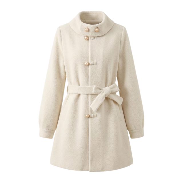 JIANCHI Cream Fleece Stand Collar Belted Pearl Button Long Wool Coat Women Fashion Loose Fit Private Label Custom Color Small MOQ LK23055