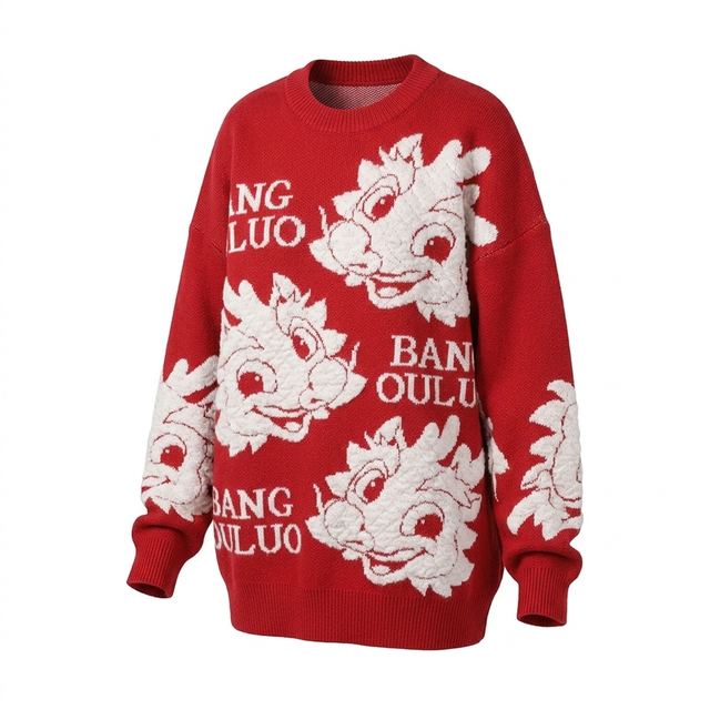 JIANCHI Red Cartoon Character Intarsia Round Neck Oversized Pullover Sweater Ladies New Design Knitwear Custom Size Logo Service Direct LK23062