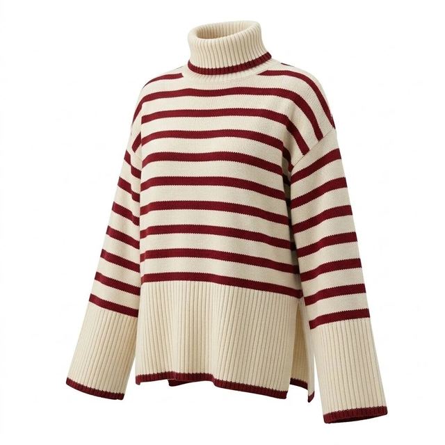JIANCHI Red and Cream Striped Turtleneck Oversized Knit Sweater Women Fashion Loose Fit Private Label Custom Color Small MOQ Factory LK23064