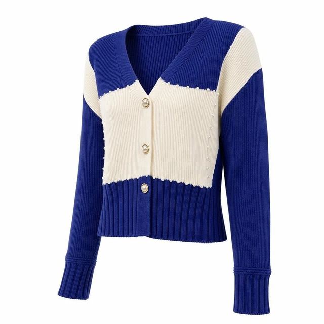 JIANCHI Blue Colorblock Pearl Button V Neck Ribbed Knit Cardigan Women Fashion Loose Fit Private Label Custom Color Small MOQ Factory LK24003