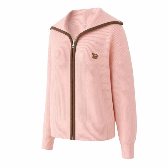 JIANCHI Pink Contrast Trim Zip Up Ribbed Knit Cardigan Ladies New Design Knitwear Custom Size Logo Service Direct Factory LK24004