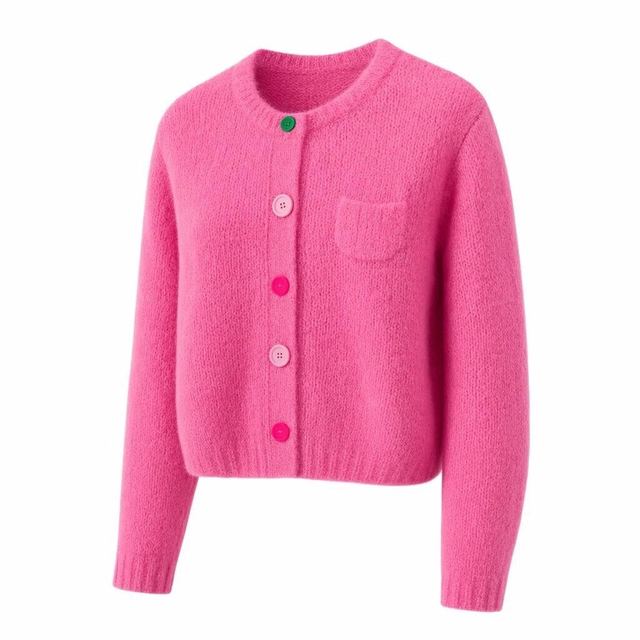 JIANCHI Hot Pink Crew Neck Contrast Button Patch Pocket Knit Cardigan Ladies New Design Knitwear Custom Size Logo Service Direct Factory LK24007