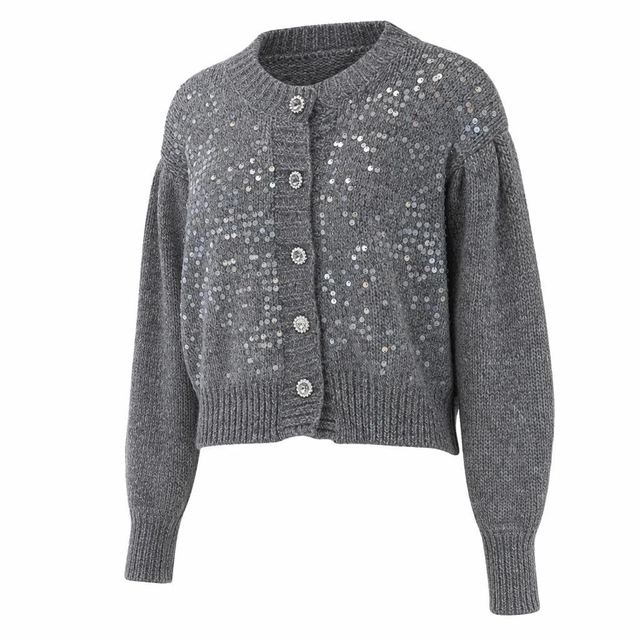 JIANCHI Grey Sequin Embellished Crew Neck Puff Sleeve Knit Cardigan Women Fashion Loose Fit Private Label Custom Color Small MOQ Factory LK24009