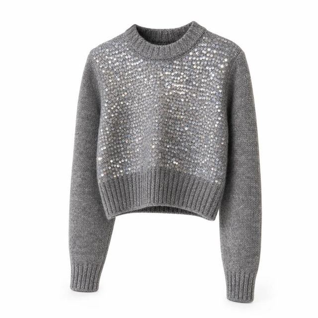 JIANCHI Grey Sequin Crew Neck Cropped Long Sleeve Pullover Sweater Ladies New Design Knitwear Custom Size Logo Service Direct Factory LK24010