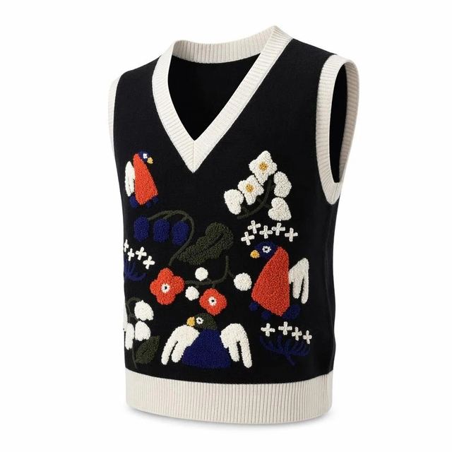 JIANCHI Black Floral Bird Jacquard V Neck Knit Sweater Vest Women Fashion Loose Fit Private Label Custom Color Small MOQ Factory LK24012
