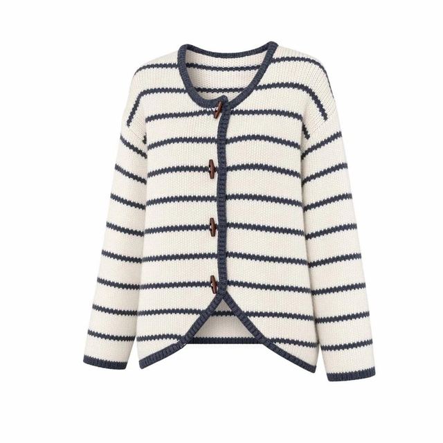 JIANCHI White Navy Striped Toggle Button Contrast Binding Knit Cardigan Ladies New Design Knitwear Custom Size Logo Service Direct LK24013