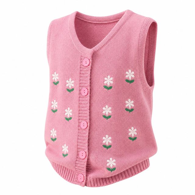 JIANCHI Pink Daisy Embroidered V Neck Button Up Vest Cardigan for Women Winter Warm Casual Wear Custom Logo OEM ODM Manufacturer LK24014