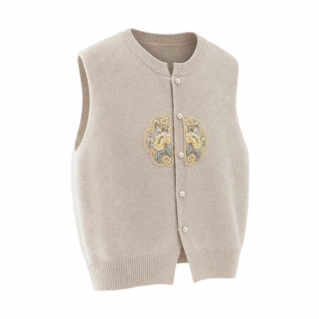 JIANCHI Oatmeal Floral Embroidered Pearl Button Sleeveless Vest Cardigan for Women Winter Warm Casual Wear Custom Logo OEM ODM LK24020