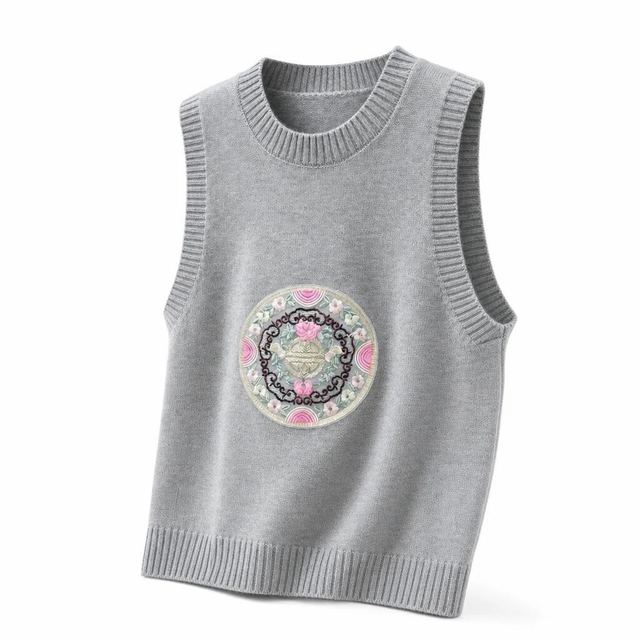 JIANCHI Gray Floral Embroidered Round Neck Sleeveless Knit Vest Women Fashion Loose Fit Private Label Custom Color Small MOQ Factory LK24021
