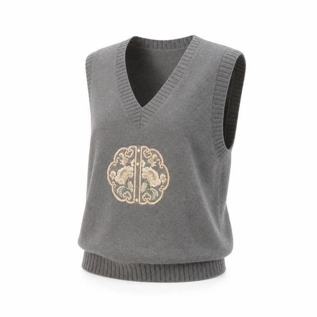 JIANCHI Charcoal Floral Embroidered V Neck Sleeveless Knit Vest Ladies New Design Knitwear Custom Size Logo Service Direct Factory LK24022