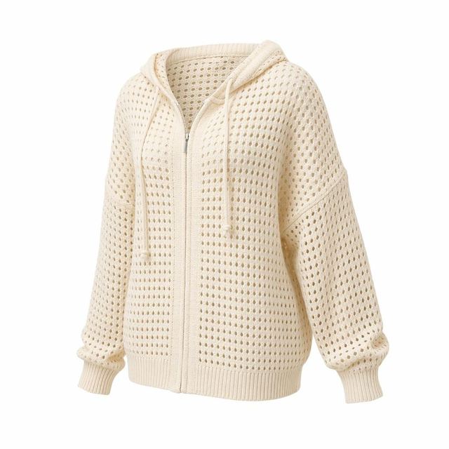 JIANCHI Cream Openwork Hooded Drawstring Zip Up Knit Cardigan for Women Winter Warm Casual Wear Custom Logo OEM ODM Manufacturer LK24026