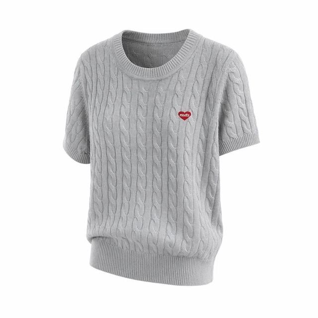 JIANCHI Gray Cable Knit Heart Embroidered Short Sleeve Sweater Ladies New Design Knitwear Custom Size Logo Service Direct Factory LK24028