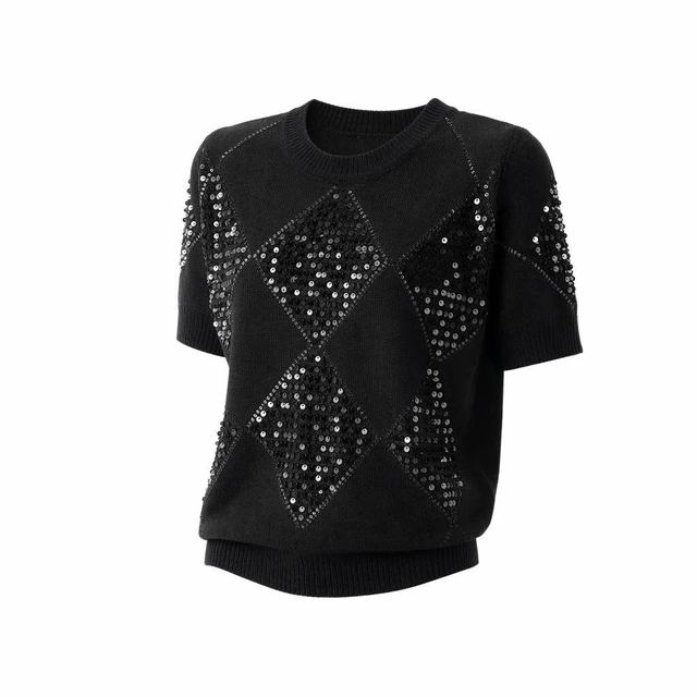 JIANCHI Black Argyle Sequin Embellished Short Sleeve Knit Sweater Ladies New Design Knitwear Custom Size Logo Service Direct Factory LK24031