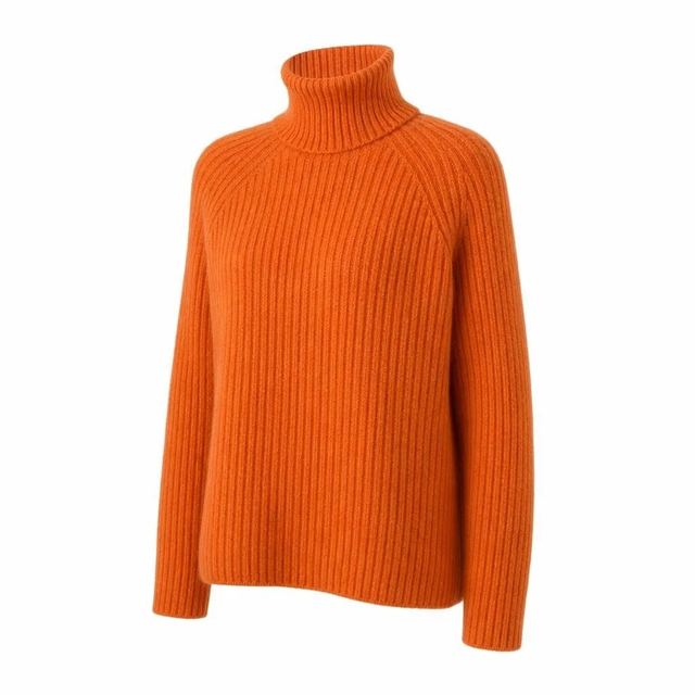 JIANCHI Orange Ribbed Turtleneck Raglan Sleeve Pullover Knit Sweater Ladies New Design Knitwear Custom Size Logo Service Direct Factory LK24037