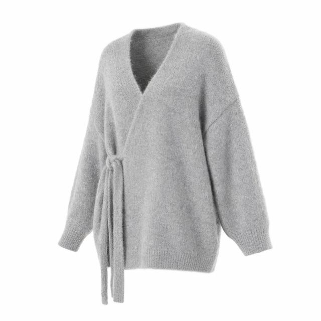 JIANCHI Gray Fuzzy V Neck Tie Belt Wrap Knit Cardigan for Women Winter Warm Casual Wear Custom Logo OEM ODM Manufacturer LK24038