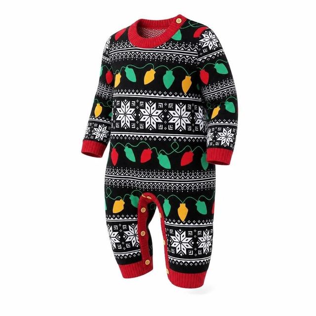 JIANCHI Black Christmas Lights Snowflake Print Baby Knit Romper for Women Winter Warm Casual Wear Custom Logo OEM ODM Manufacturer LK24041