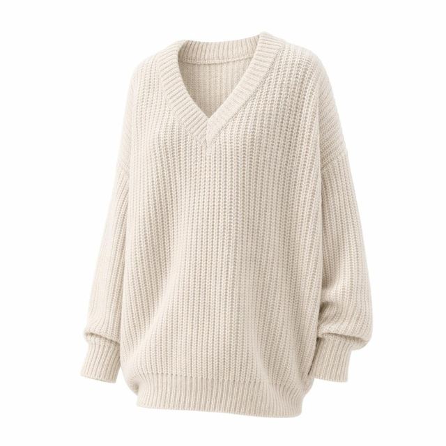 JIANCHI Cream Chunky Ribbed V Neck Drop Shoulder Knit Sweater Women Fashion Loose Fit Private Label Custom Color Small MOQ Factory LK24042