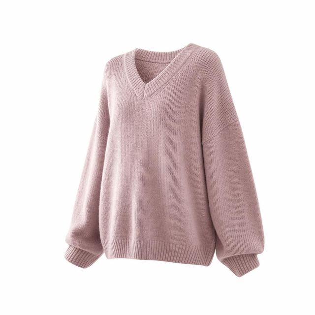 JIANCHI Pink Oversized V Neck Bishop Sleeve Knit Sweater Ladies New Design Knitwear Custom Size Logo Service Direct Factory LK24043