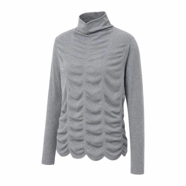 JIANCHI Gray Turtleneck Ruched Scallop Hem Slim Fit Base Layer for Women Winter Warm Casual Wear Custom Logo OEM ODM Manufacturer LK24044