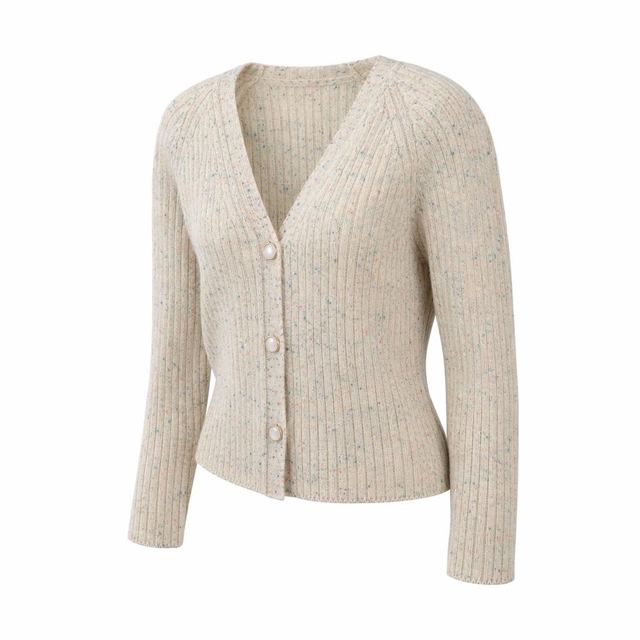 JIANCHI Beige Flecked Ribbed V Neck Button Front Knit Cardigan Women Fashion Loose Fit Private Label Custom Color Small MOQ Factory LK24045